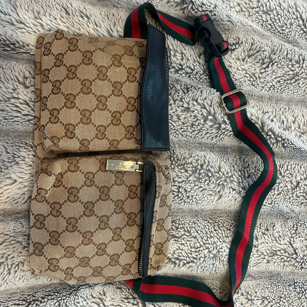 Gucci Tan Monogram Crossbody with Red and Green Strap